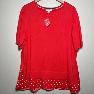 NEW Isaac Mizrahi Women Knit Top 1X Hot Pink‎ Red Mixed Media Polka Dot Trim